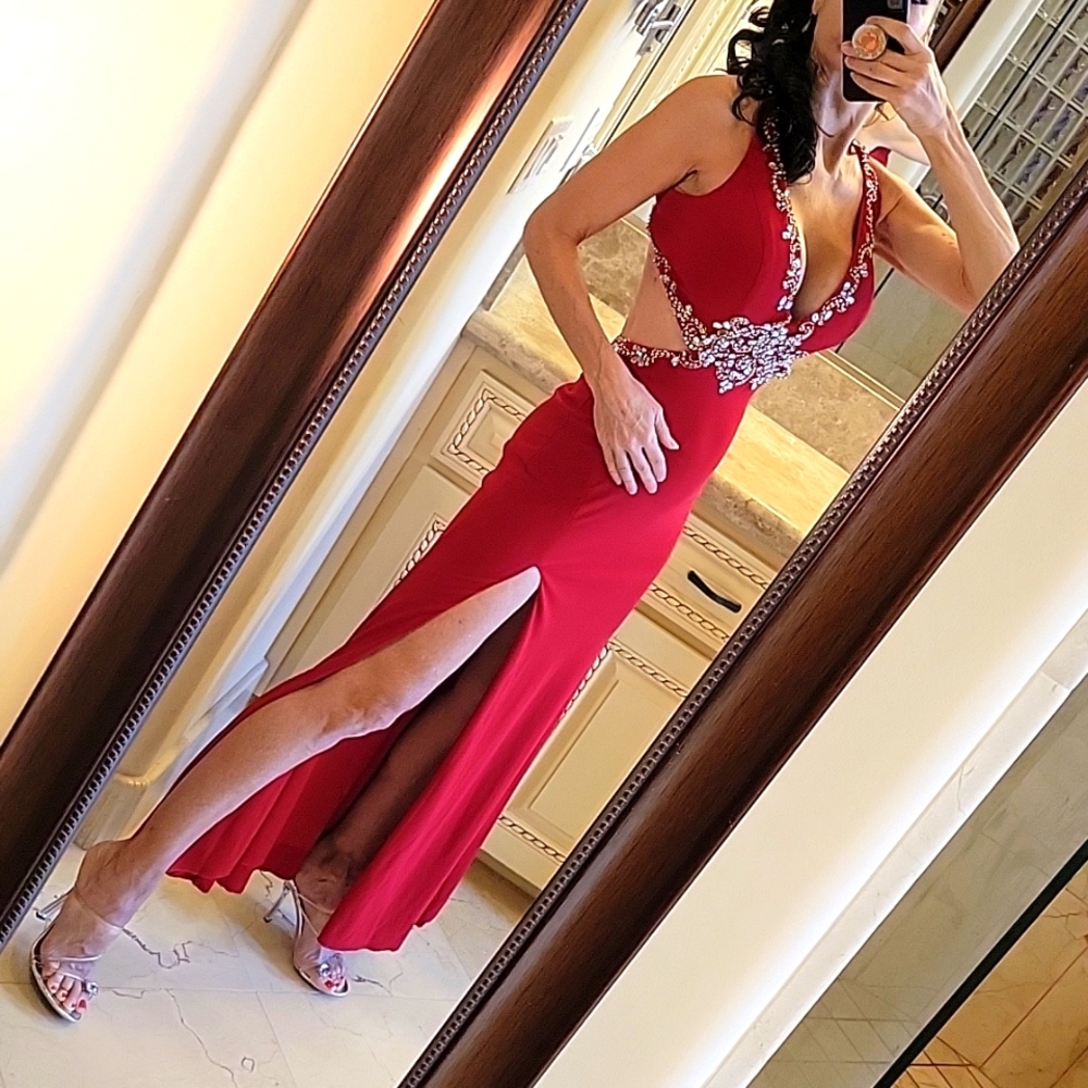 Mac Dugall Red Open-Back Embellished Side Cutout … - image 5